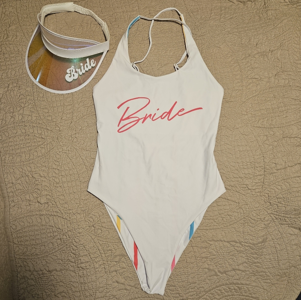Reversible Bride White & Stripes 80s Style Bachelorette Swimsuit with Visor XL